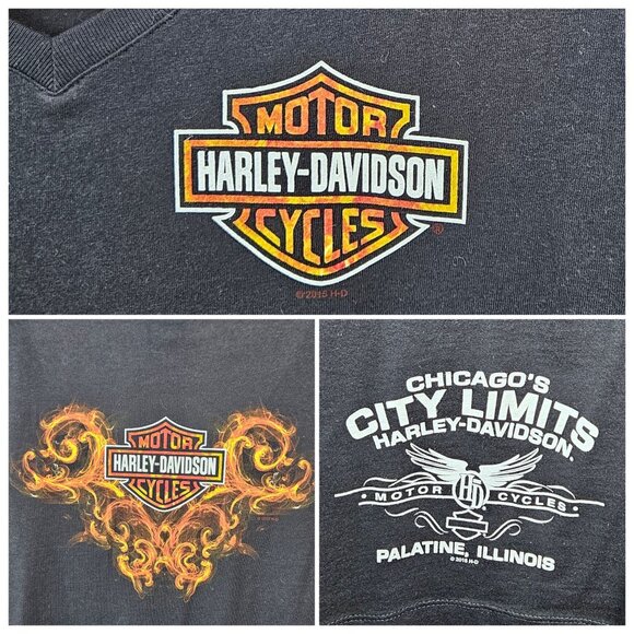 Harley-Davidson V-Neck Shirt Women L Black 100% Cotton Short Sleeve Fire IL NEW - Picture 5 of 11